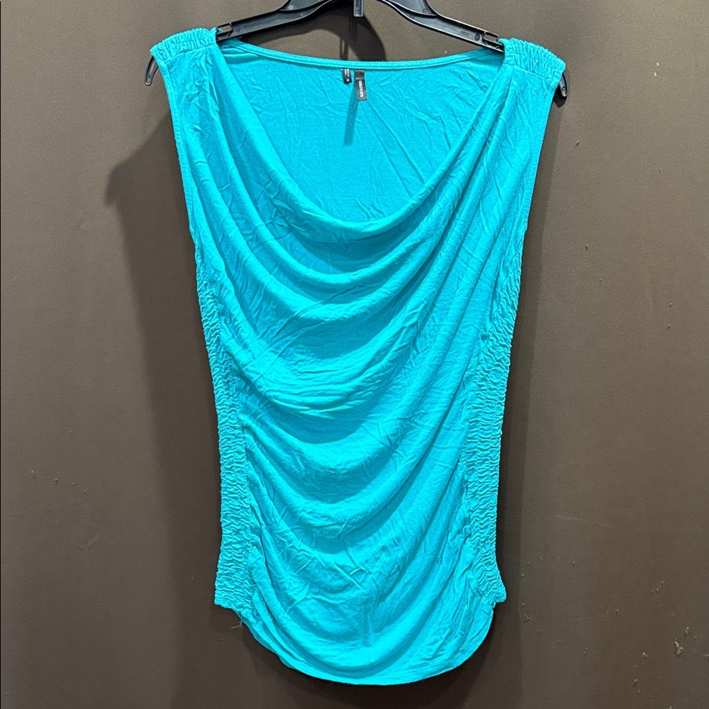 Maurices Teal Sleeveless, Ruched, Blouse with draped neckline. Size M